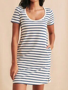 Faherty Merritt Dress In Amagansett Navy/White Button Back Casual Coastal sz S